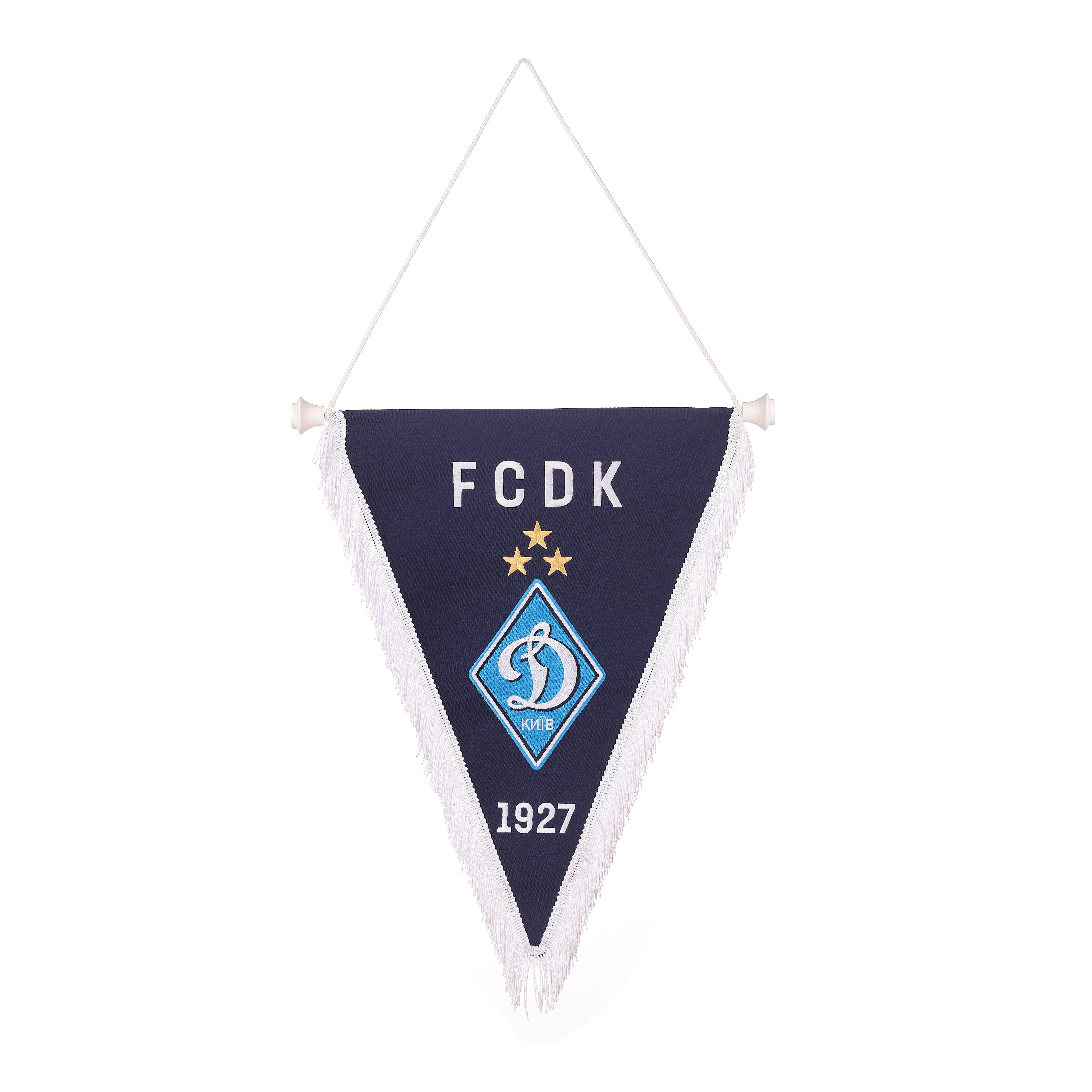 Dynamo Kyiv VIP pennant. Soft pennant on a rod with lugs. Trimmed with white fringe. Pennant has a triangular form. Color - navy blue. Size - 43 x 32 cm.